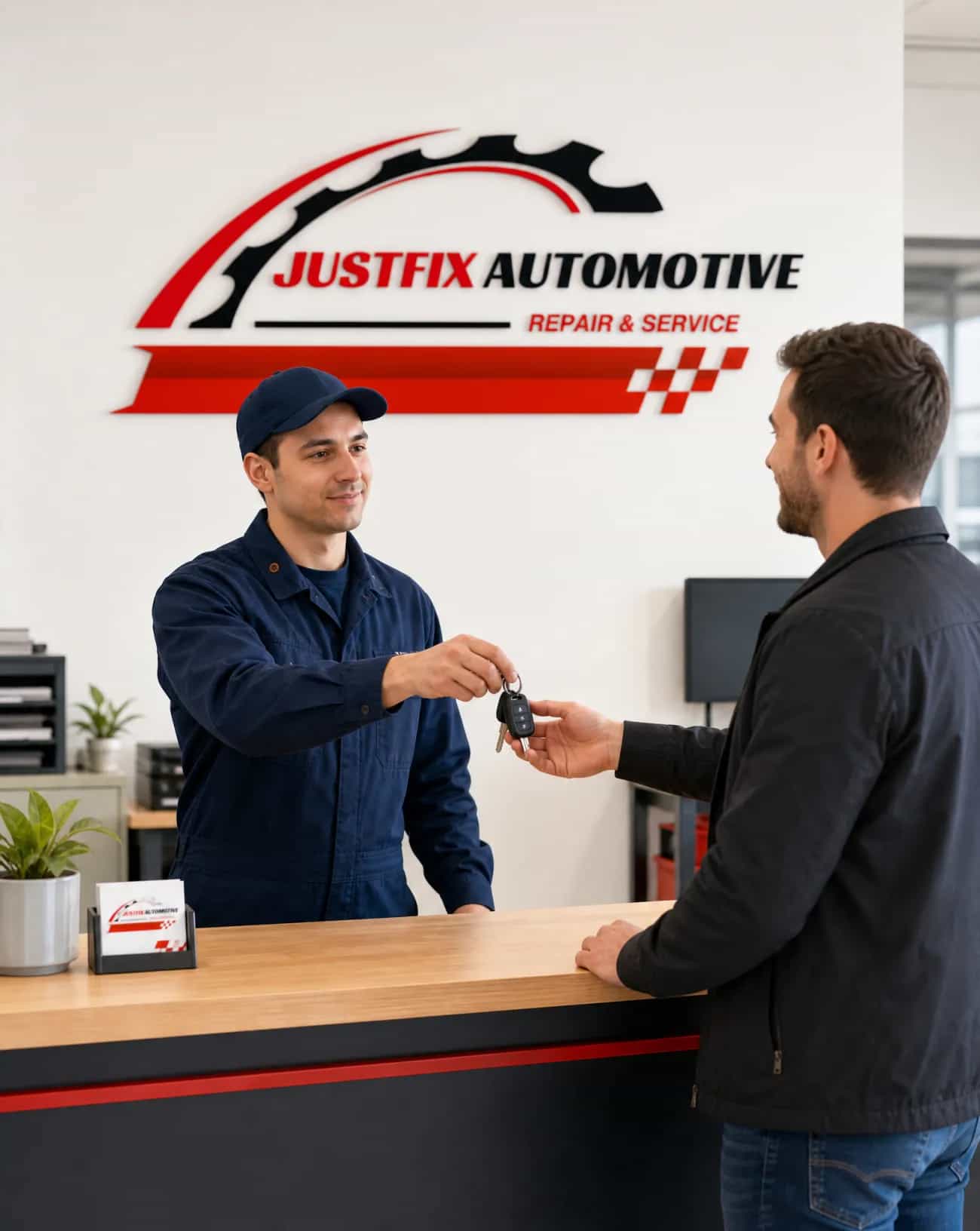 A JustFix Automotive mechanic handing car keys back to a customer at the service counter